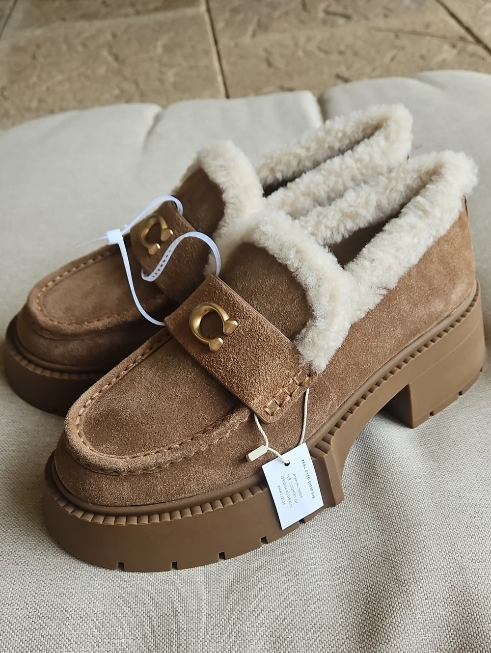 Coach Leah Platform Lug Sole Loafer Suede & Shearling Upper Coconut/Natural, 7